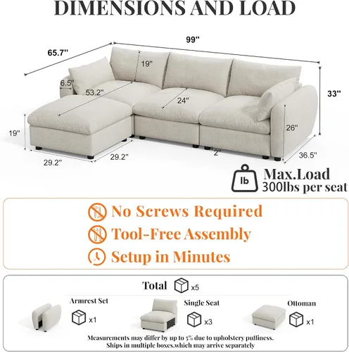 Vista 2 de Sofá modular modular de 99 pulgadas con otomana de almacenamiento, sofá en forma de L de 3 asientos con diván reversible, sofá modular de nube