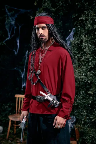 Vista 4 de Camisas medievales de pirata renacentista para hombre, con cordones, disfraz vikingo, mercenario, escocés, camisetas de jacobita ghillie, rojo