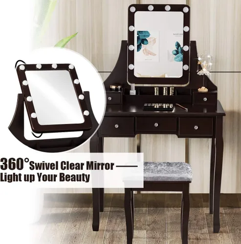 Vista 3 de DORTALA Juego de mesa de tocador con espejo rectangular de 360 grados y taburete acolchado, mesa de maquillaje con 10 bombillas LED regulables