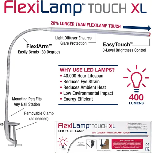 Vista 7 de Americanails FlexiLamp Touch XL - Lámpara LED de escritorio de mesa, abrazadera extraíble, iluminación ajustable para estaciones de uñas, luz