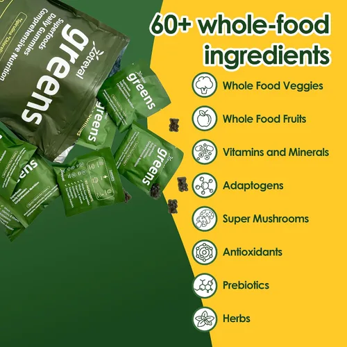 Vista 3 de Daily Greens, Superfood - Paquetes de gomitas verdes, suplemento de clorella y espirulina con más de 20 prebióticos orgánicos, vitaminas y minerales