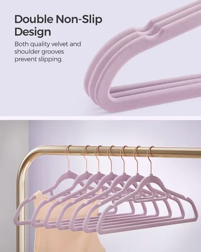 Vista 6 de SONGMICS Paquete de 30 perchas para pantalones y 50 perchas para ropa, perchas de terciopelo con clips ajustables, antideslizantes y ahorran