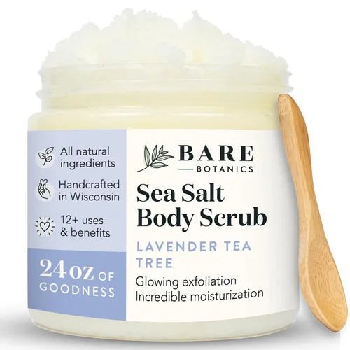 Vista 2 de Bare Botanics Guantes de ducha exfoliantes + exfoliante de sal corporal de árbol de té de lavanda