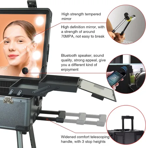 Vista 4 de Estuche de maquillaje rodante con espejo de luz LED, patas ajustables, mesa de tren con cerradura, estudio, artista, cosmética, tamaño de mano