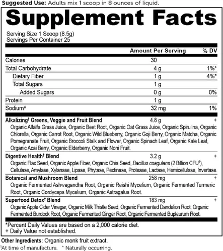 Vista 2 de Ancient Nutrition Supergreens Alkalize & Detox - Polvo de superalimento orgánico hecho de frutas reales, verduras y hierbas, para apoyo digestivo