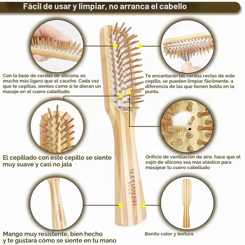 Vista 4 de Juego de cepillos de cabello para mujeres y hombres, cerdas de bambú natural, cepillo de paleta plana para cabello húmedo y seco, desenredante