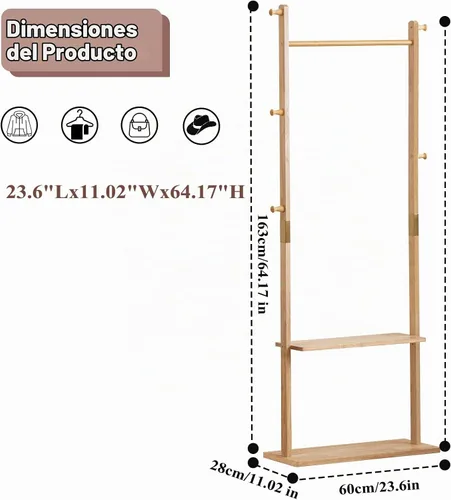 Vista 3 de SOBIBO Perchero de madera independiente con estantes y ganchos, 23.6 Madera natural