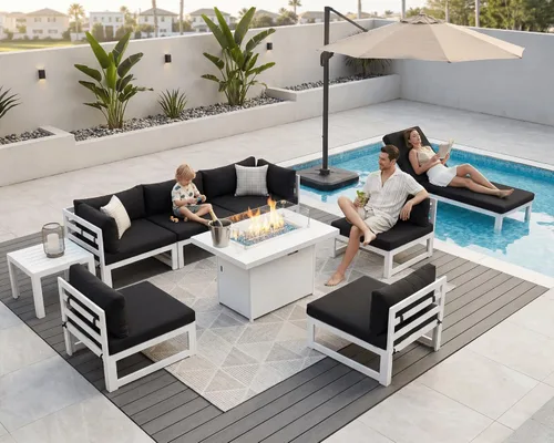 Vista 59 de BULEXYARD - Sofá modular de aluminio para exteriores con mesa para fogata, 7 piezas, color verde azulado