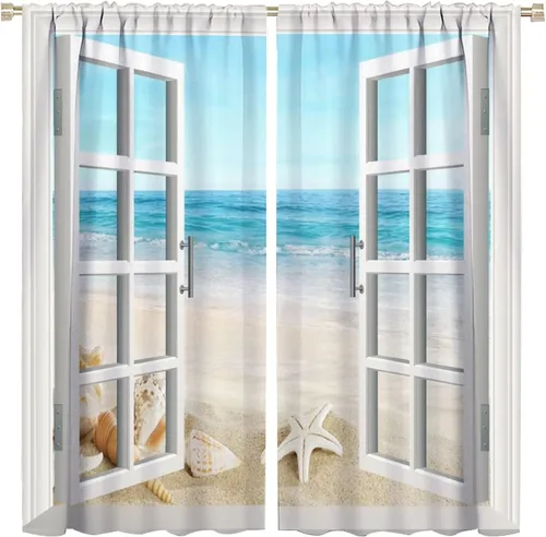 Vista 16 de JESTRONRY Cortina de playa azul y blanca con diseño de estrella de mar y conchas marinas con aislamiento térmico, para oscurecer la habitación, 2