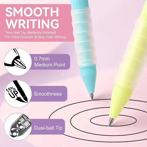 Vista 5 de Drawdart Cute Gel Pens, 0.7mm Black Ink, Smooth Writing, Soft Grip, 12 Pack Retractable Pens with Metal Clip, Ergonomic Silicone Grip, for