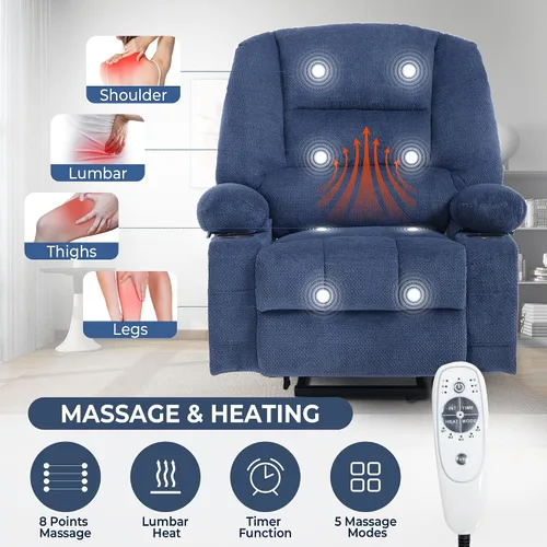 Vista 3 de Silla reclinable eléctrica para personas mayores con puerto USB, silla reclinable de masaje eléctrica con calor para adultos mayores, color azul