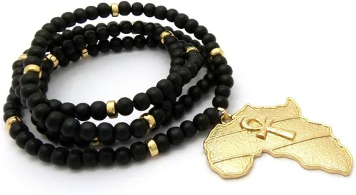 Vista 5 de Mens egipcio Ankh Cruz Africa Map Power Puño Oro Colgante 6mm 30" Bead Collar de madera