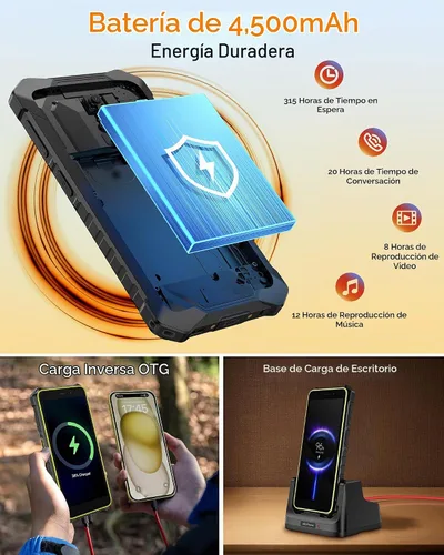 Vista 5 de Ulefone RugKing 2 Pro - Teléfono resistente, 8 (4+4) GB+64 GB Octa-Core, 4500 mAh, teléfono impermeable Android 16, pantalla HD+ Corning Gorilla