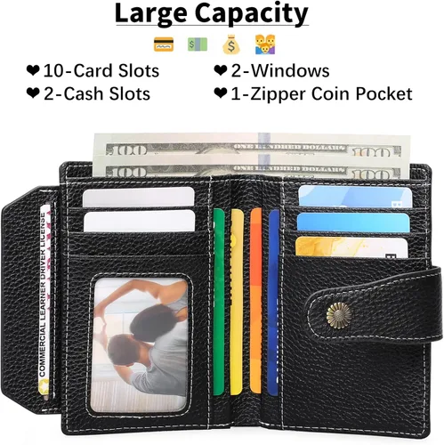 Vista 2 de FALAN MULE Cartera pequeña para mujer, de piel auténtica, plegable, compacta, con bloqueo RFID, pequeña cartera para mujer, ZZE-Elegant Negro
