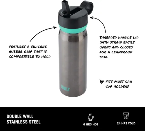 Vista 4 de BUILT Botella en cascada de acero inoxidable de doble pared de 20 onzas líquidas de boca ancha, tapa con popote, vaso de viaje resistente a derrames