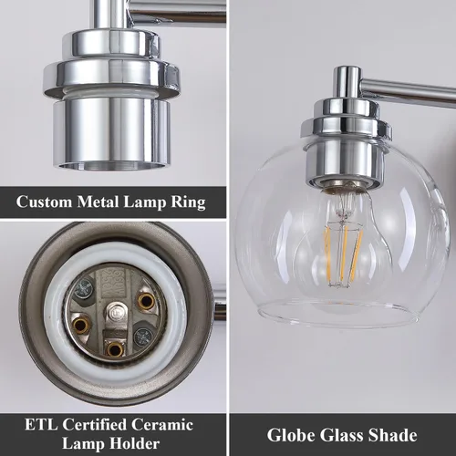 Vista 4 de Lámparas de baño de 3 luces, moderna lámpara de tocador con pantalla de cristal de globo, luces de baño cromadas plateadas sobre espejo, luces