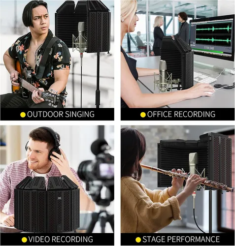 Vista 8 de XTUGA Protector para Aislamiento de Micrófono de Grabación, Espuma Absorbente de Alta Densidad de 3 Paneles para Filtrar Vocales, Cubierta