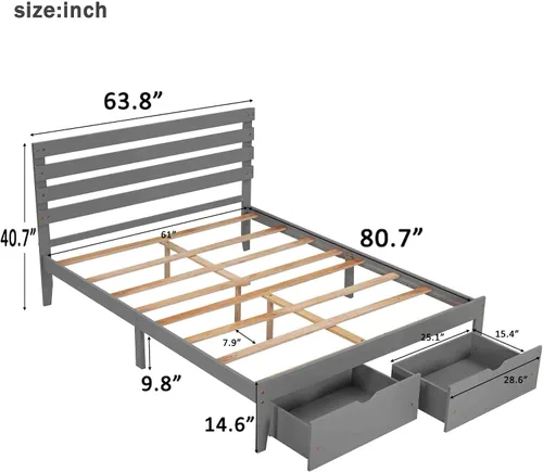 Vista 2 de Base de cama Queen con cajón de almacenamiento, base de cama de plataforma con cabecero, cámaras de base de colchón, soporte de listones de madera