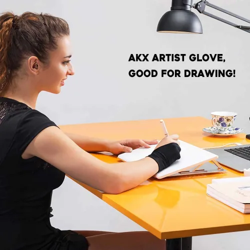 Vista 7 de AKX Artist Glove - Guante de dibujo con rechazo de palma para tableta gráfica, 2 sin dedos, mano izquierda y derecha, negro, paquete de 2, AK-020