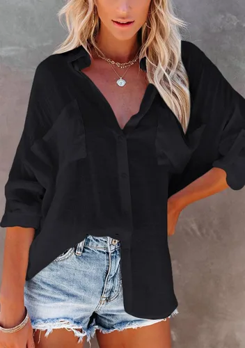 Vista 2 de MAYRAIN Camisa de manga larga con botones y cuello de solapa para mujer, camisa casual de verano con bolsillos