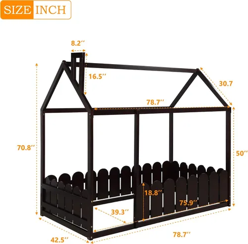 Vista 2 de Merax House Bed Twin Size Wood Bed Frame with Roof and Fence for Girls, Boys, Weight Capacity No Limit (Espresso)