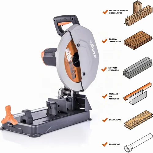 Vista 2 de Evolution Power Tools R355CPS - Sierra de corte de 14 pulgadas, multipropósito, corte de múltiples materiales, corta metal, plástico, madera y más
