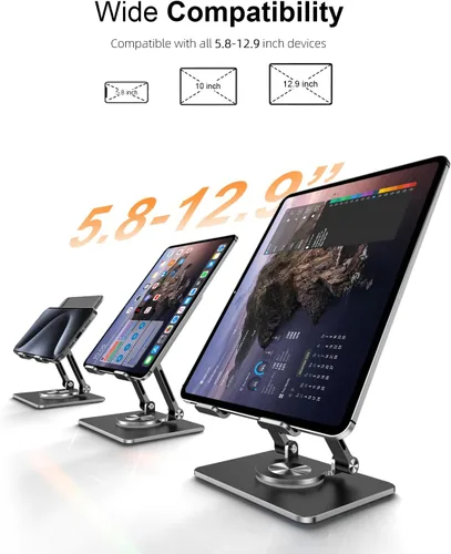 Vista 7 de Soporte para Tablet con Base Giratoria de 360° de Aluminio Ajustable de Doble Varilla para Todos los iPad de 5.8-12.9”, Samsung, Teléfono Tablet