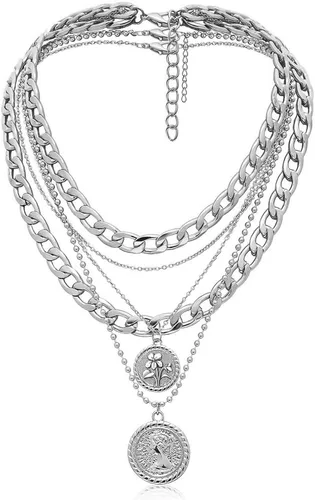 Vista 11 de MJartoria Collares de oro en capas para mujer, collar retro de moda con dije de moneda de flor de nacimiento, collar delicado y grueso para joyería