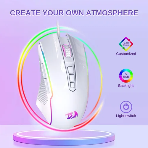 Vista 2 de Redragon Ratón para juegos, mouse blanco con cable con retroiluminación RGB, 8000 DPI ajustable, ratones para juegos de PC con 9 botones macro