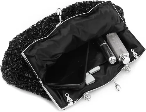 Vista 5 de Vistatroy Bolso de noche de diseñador floral con cuentas con diseño de lentejuelas vintage con cerradura de besos bolso de mano de satén para boda