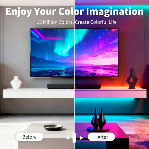 Vista 5 de Tira de luces LED, sincronización de música RGB, luces LED que cambian de color con control remoto y control remoto de aplicación inteligente, luces