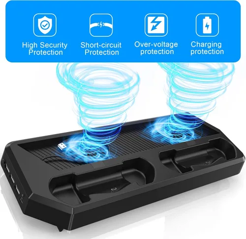 Vista 2 de Estación de carga de controlador para PS4PS4 SlimPS4 Pro, soporte vertical PS4 con estación de carga de doble controlador, ventilador