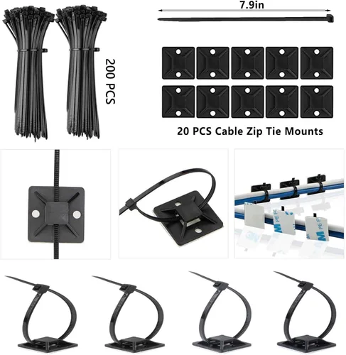 Vista 7 de ELII - Kit de gestión de cables de 300 piezas, 4 fundas para cables y 35 clips de cable