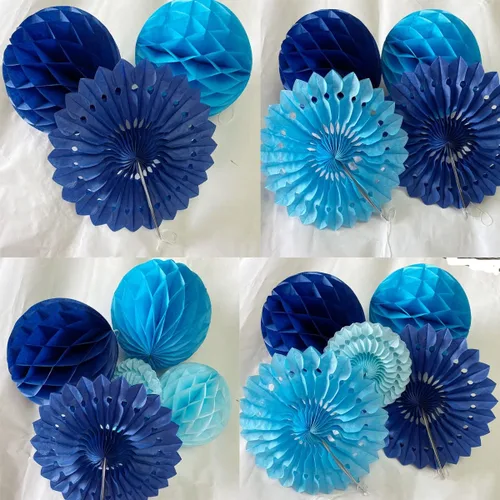 Vista 5 de 12 piezas de bolas de panal de 6 pulgadas y 8 pulgadas, abanicos de papel de seda, abanicos de bolas de panal para fiestas, decoraciones de pared