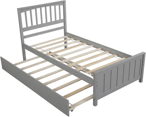 Vista 5 de Harper & Bright Designs Cama de tamaño individual con nido, cama de plataforma de madera con cabecero, marco de cama para niños con soporte