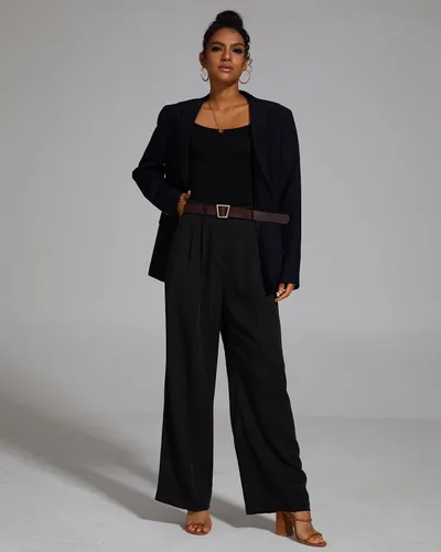 Vista 2 de FUNYYZO Pantalones de pierna ancha para mujer, cintura alta elástica en la espalda, pantalones de trabajo de negocios, pantalones largos y rectos