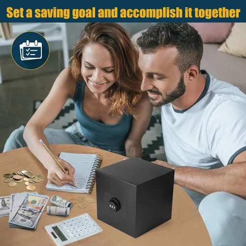 Vista 6 de hicocool alcancía para adultos con contraseña de acero inoxidable reutilizable, caja de dinero de metal con cerradura, caja de ahorro de dinero Negro