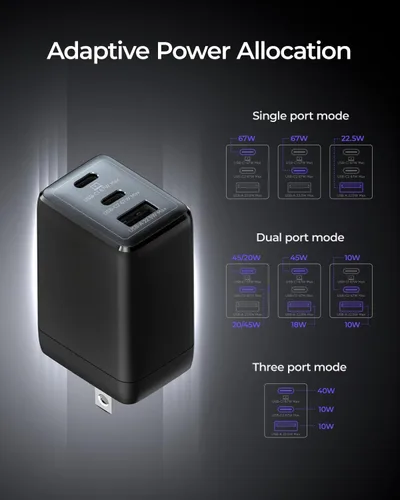 Vista 5 de wegear Cargador USB C de 67W, Bloque de Carga Rápida GaN de 3 Puertos con Enchufe Plegable, Compatible con MacBook Pro/Air, iPad Pro, iPhone