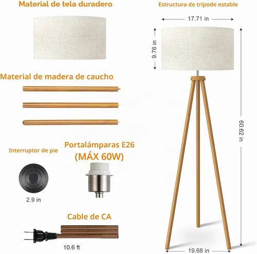 Vista 6 de LEPOWER Lámpara de pie de trípode de madera, lámpara de pie de mediados de siglo para sala de estar, pantalla de lámpara color lino, lámpara de pie