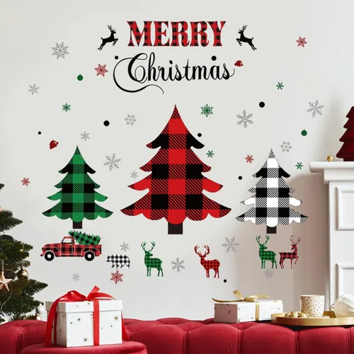 Vista 4 de Adhesivo de pared de Navidad, árboles de Navidad, calcomanías rústicas de búfalo a cuadros de árbol de Navidad, calcomanía de pared de árbol