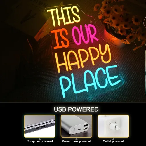 Vista 3 de NOSUN Letrero de neón con texto en inglés «This is Our Happy Place» para decoración de pared, letras coloridas y alegres, luces LED de neón con USB