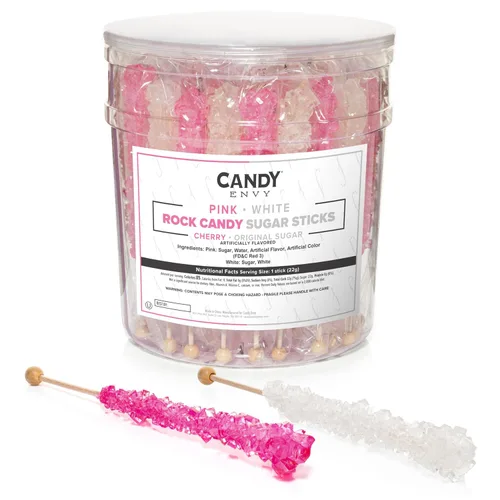 Vista 9 de Palitos de azúcar de caramelo de roca rosa claro y blanco, 12 caramelos envueltos individualmente, sabor a cereza y azúcar original