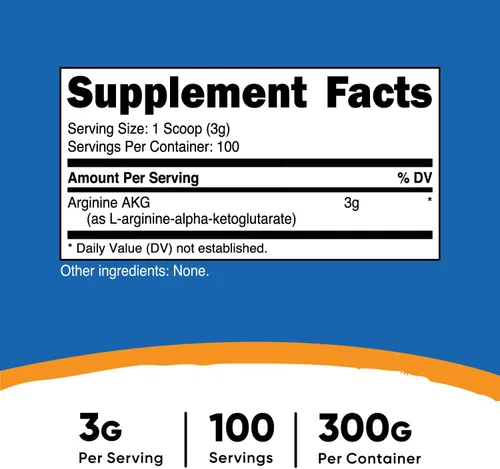 Vista 2 de Nutricost Arginina AKG polvo 10.58 onzas (AAKG) – .10 onzas por porción y 100 porciones – Pura arginina alfa ketoglutarato