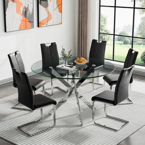 Vista 19 de HomVent Juego de mesa de comedor redonda de vidrio de 3 piezas, juego de mesa de cocina de vidrio redondo para 2 personas con 2 sillas de comedor