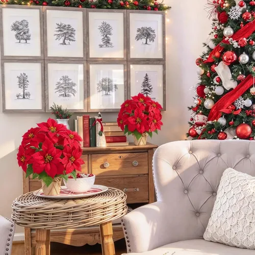 Vista 3 de Mini árbol de Navidad con flores artificiales en maceta 1cs pequeño en maceta-13 pulgadas