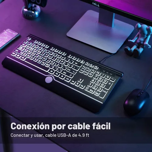 Vista 7 de KOPJIPPOM Teclado USB con cable con teclas retroiluminadas de impresión grande, retroiluminación LED de 7 colores, reposamuñecas ergonómico, diseño