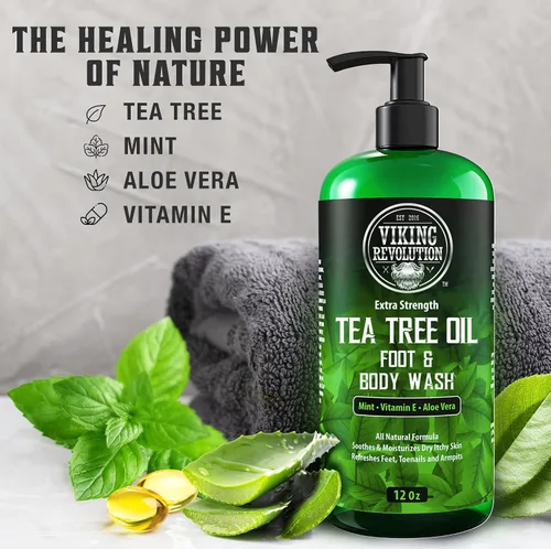Vista 3 de Viking Revolution Jabón de gel corporal de árbol de té para hombres, ayuda al pie de atleta, picazón deportista, eccema y olores corporales - Aceite
