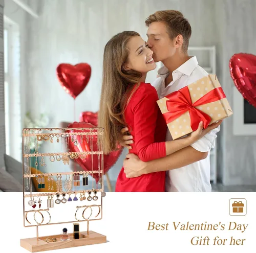 Vista 3 de Lolalet Soporte organizador de aretes para regalos del día de San Valentín, organizador de joyas de 6 niveles con bandeja de madera, estante