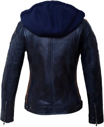 Vista 3 de Chaqueta retro de cuero para motociclista Cafe Racer con capucha para mujer