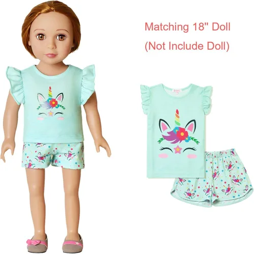 Vista 6 de QPANCY Pijamas a juego para niñas y muñecas de unicornio ropa de dormir de algodón de verano